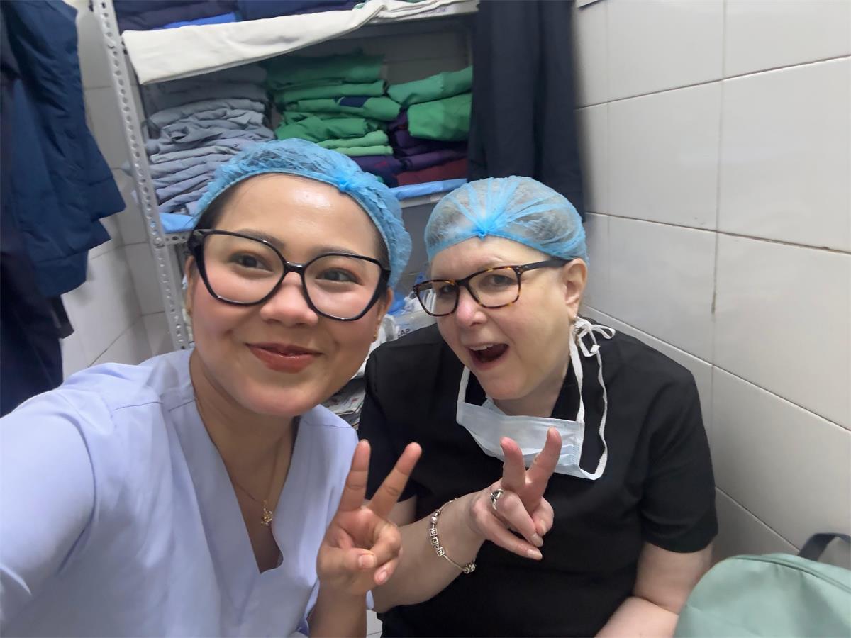 Sharon with Sarita, a surgical nurse for the women's health practice at Aakash Hospital in New Delhi, India (2025).